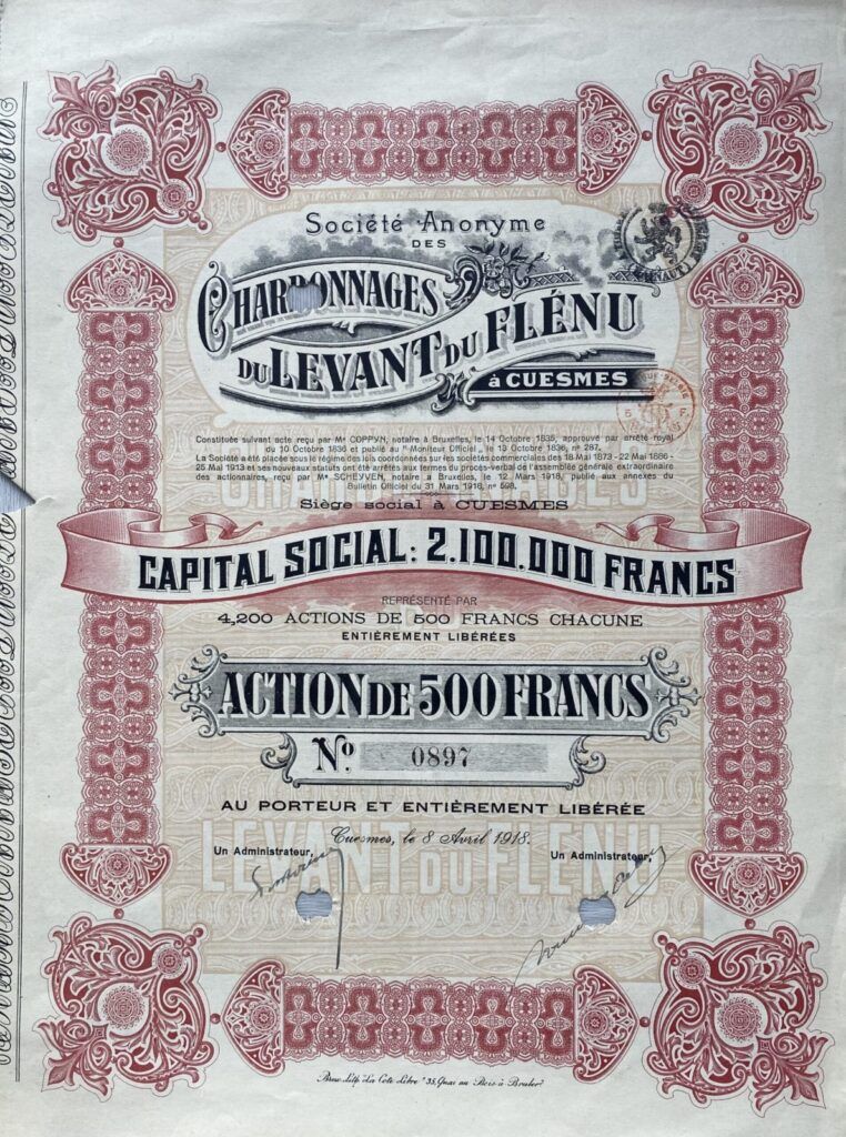 Origineel historisch aandeel 1835 Charbonnages du Levant du Flénu