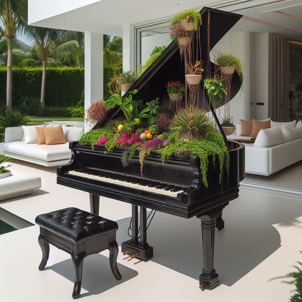 piano als bloembak in moderne omgeving