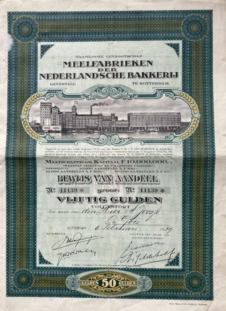 aandeel vijftig gulden NV Meelfabrieken der Nederlandsche Bakkerij