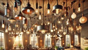 industriële, brocante en vintage lampen aan een houten plafond