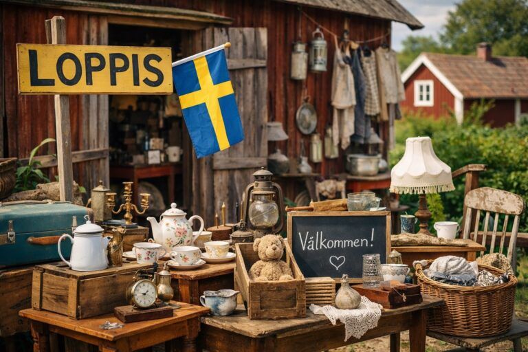Loppis in Zweden met brocante en vintage spullen bij een Zweedse schuur